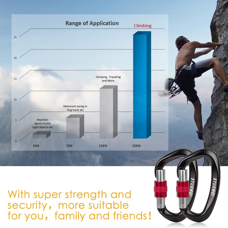 STURME UIAA Certified Climbing Carabiner Clips, 2 Pack 25KN(5623lbs) Screwgate Locking Carabiner Heavy Duty Caribeener Clips, Large Carabiner D Ring for Rock Climbing & Mountaineering - Image 4